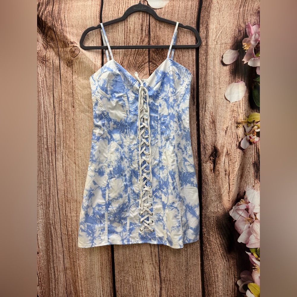 Blue and White Lace-Up Dress